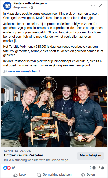 Voorbeeld advertentie Kevin's Restobar