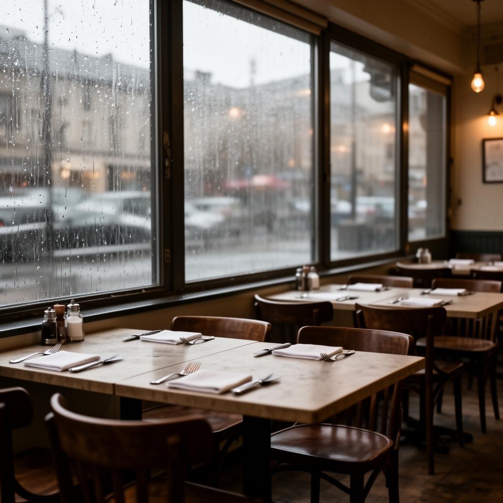 Lege tafels op een regenachtige dag